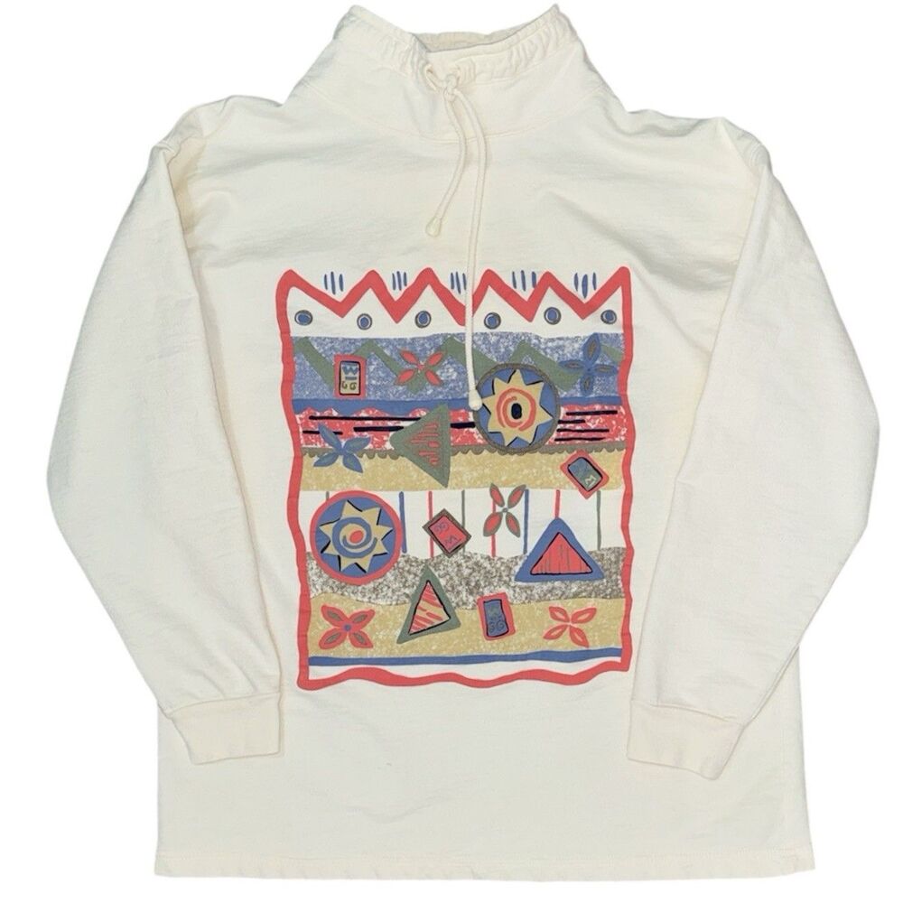Vintage Stefano Pullover Shirt Beach Sz M Drawstring Neck Retro Geometric 90s